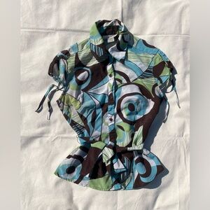Le Grange 90s Y2K Women's Abstract Print Cap Sleeve Tie Blouse Top